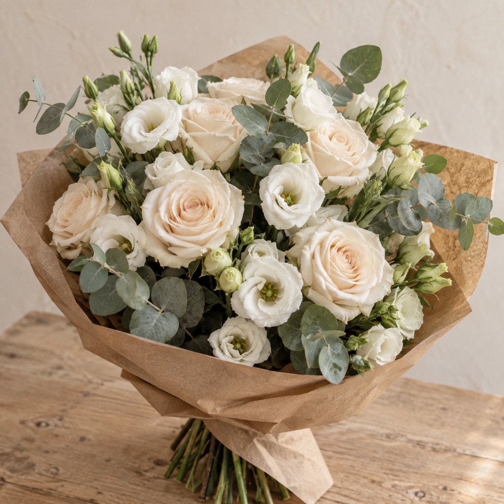 Cream roses, white lisianthus and eucalyptus wrapped in kraft paper on a florist’s worktable.