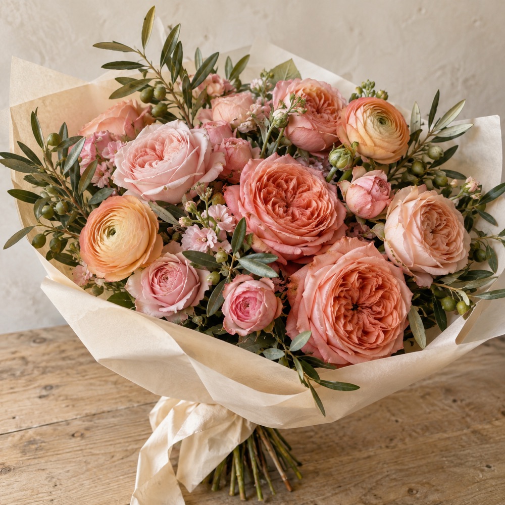 Synthetic peach and coral bouquet.